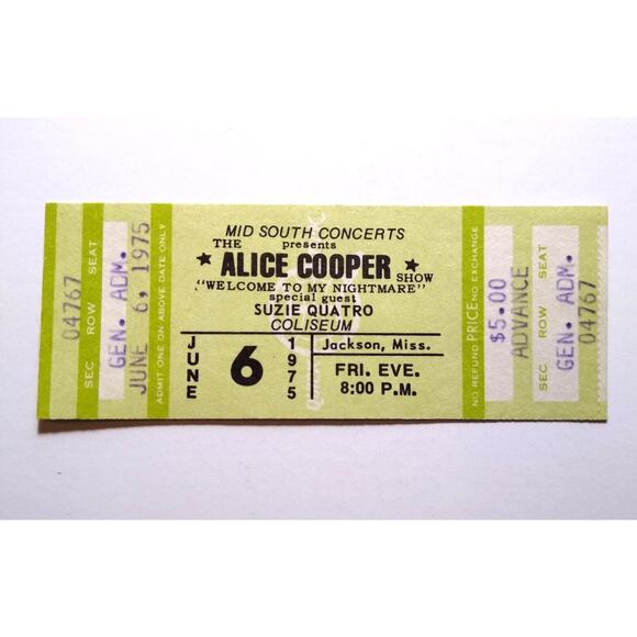 Alice Cooper Welcome To My Nightmare Original UNUSED 1975 Concert Ticket Jackson
